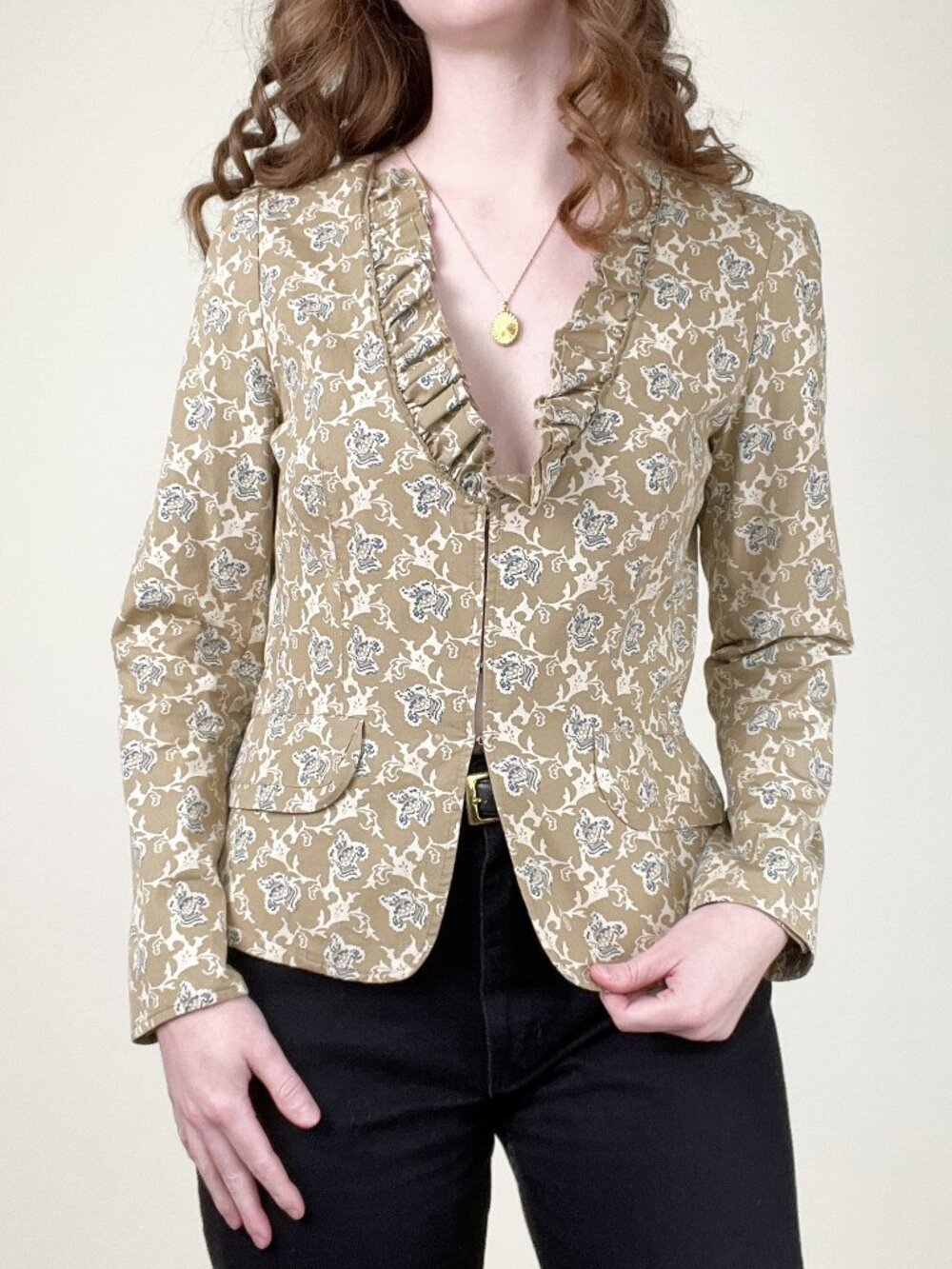 Vintage Y2K 100% Cotton Floral Blazer Ruffle Romantic Jacket Coat Preppy Classic
